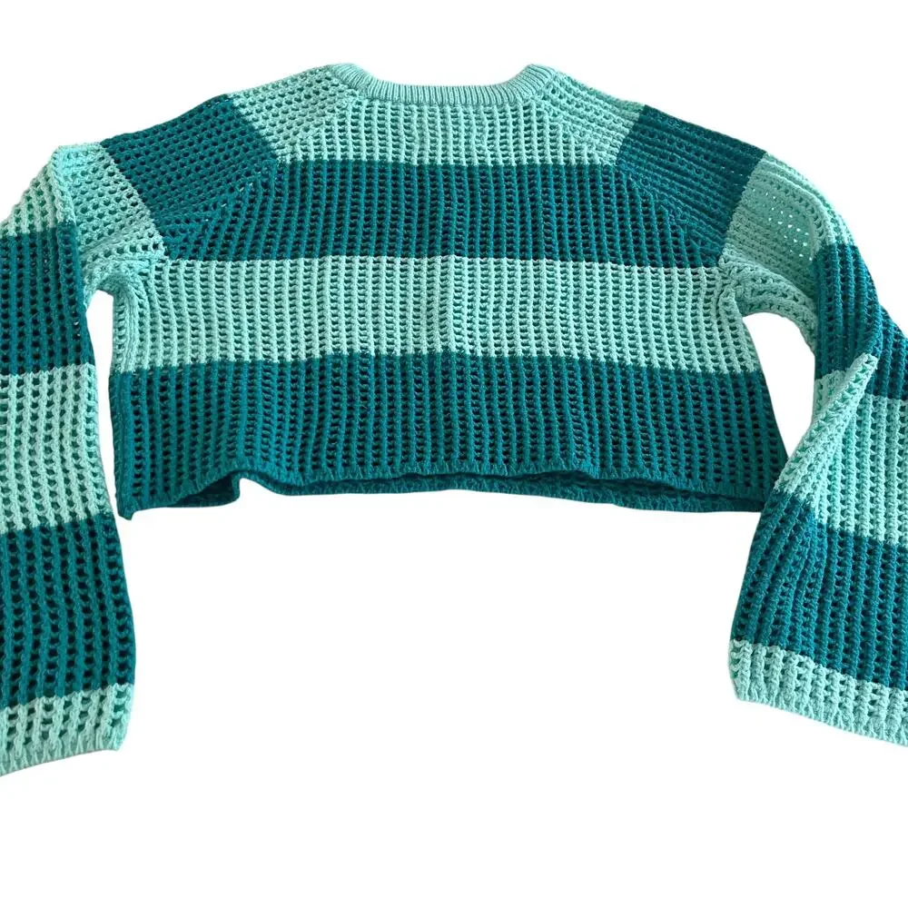 Zara Girls Turquoise Striped Crochet Sweater Top Size 9-10